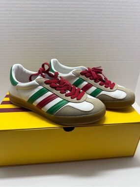 Adidas Gazelle White Sneakers with Red & Green Stripes